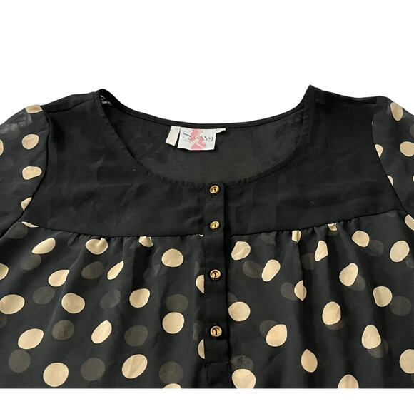 SASSY MATERNITY SHORT SLV, RND NECK, DRESSY BLOUSE, WOMENS, XL-BLACK-TAN CIRCLES - Picture 3 of 11